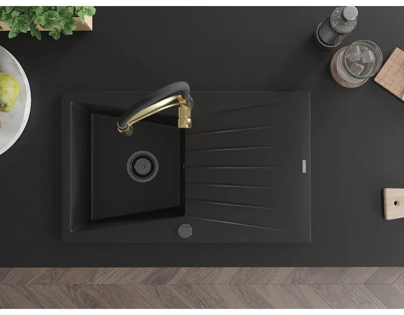 Mexen Cesar, 1-komorový granitový drez 775x470x190 mm a drezová batéria Aster, čierna, 6514-77-73450-57-B