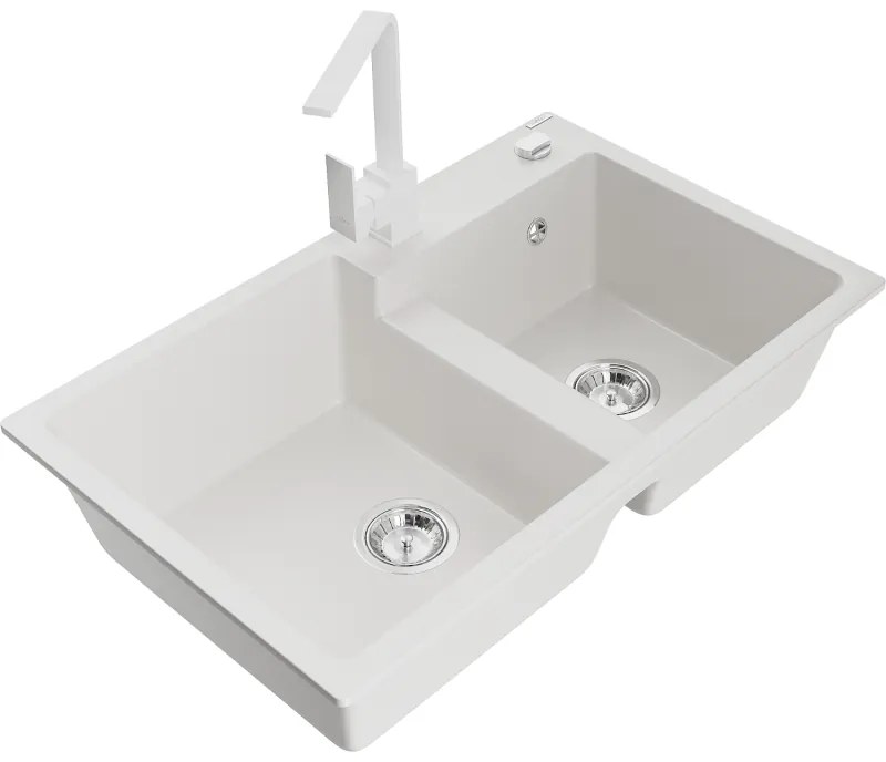 Mexen Tomas, granitový drez 800x500x190 mm, 2-komorový a biela batéria Rita, biela, 6516-20-670300-00