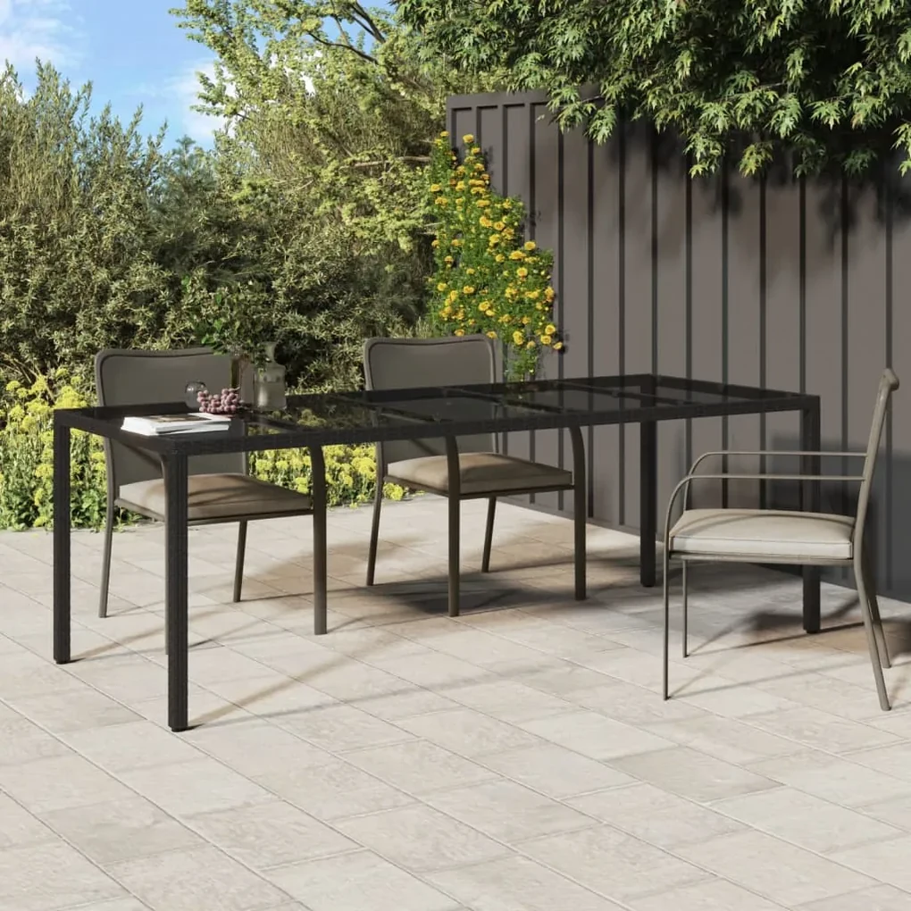 vidaXL Záhradný stôl čierny 250x100x75 cm tvrdené sklo a polyratan