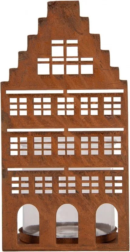 Hrdzavá dekorácia svietnik Domček - 12*12*24 cm