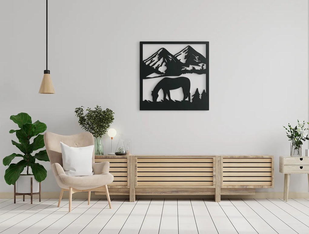 drevko 3D obraz na stenu Pasúci sa kôň Rozmer obrazu: 32,5 x 32,5 cm, Farba dekorácie: Čierna