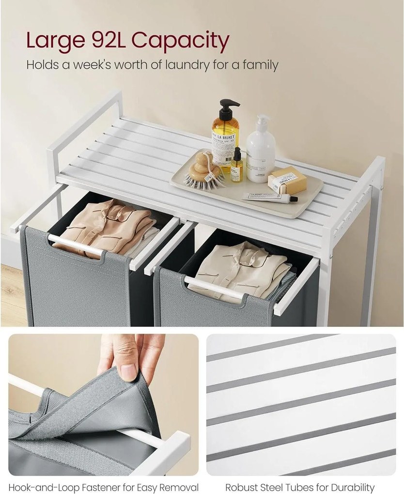 Kôš na bielizeň, 2-komorový, kovový rám, biela a sivá farba