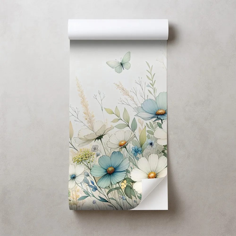 Samolepiaca tapeta pastelové lúčne kvety a lietajúce motýle