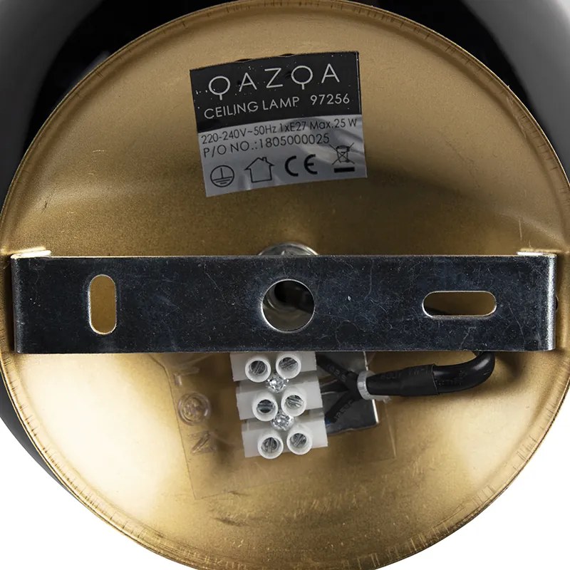 Stropné svietidlo v štýle Art Deco mosadz s čiernym sklom - Pallon