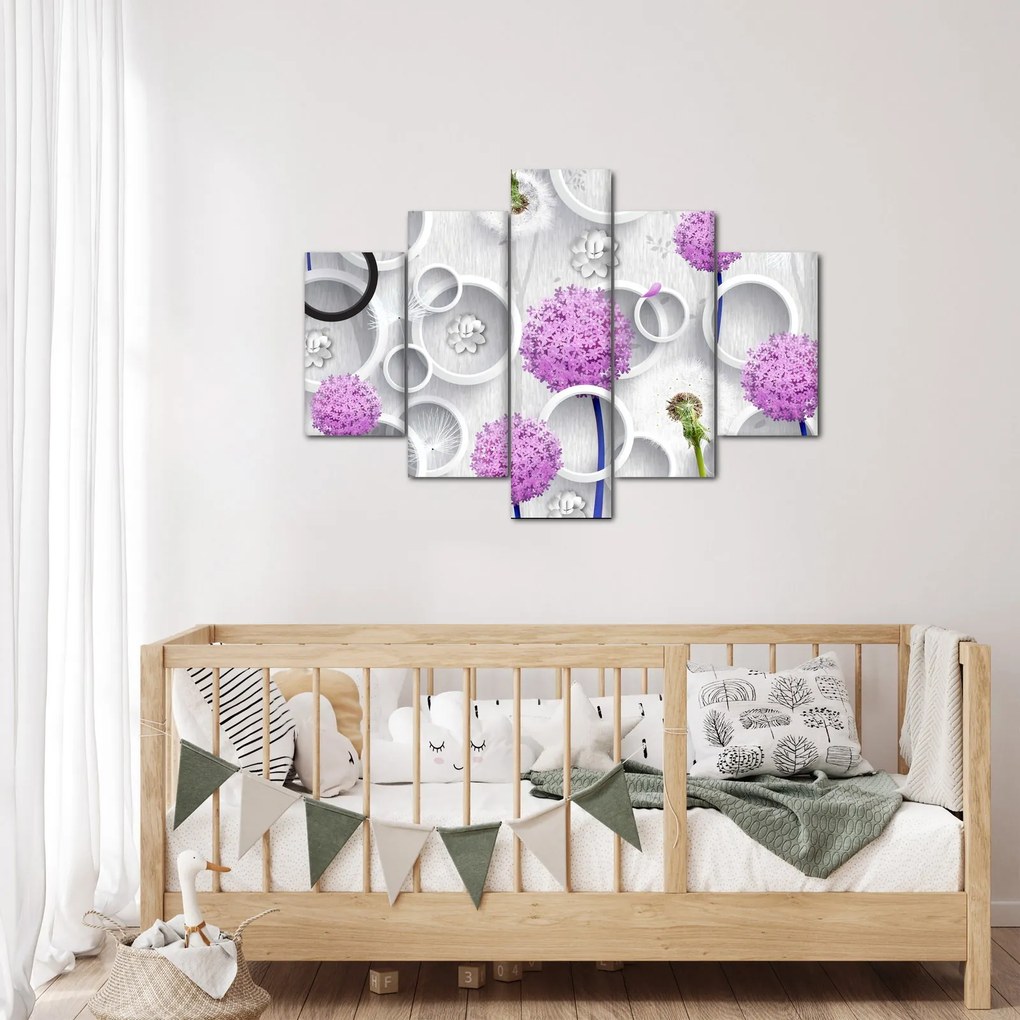 Obraz 3D abstrakcie s kruhmi a kvetinami (150x105 cm)