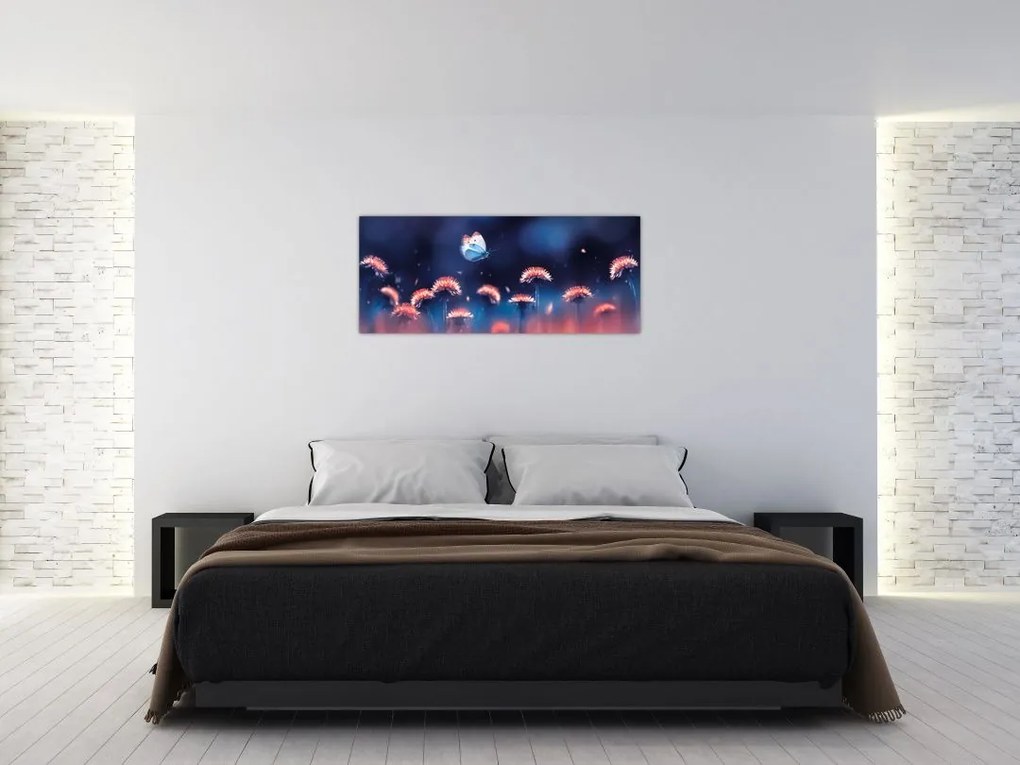 Obraz púpav s modrým motýľom (120x50 cm)