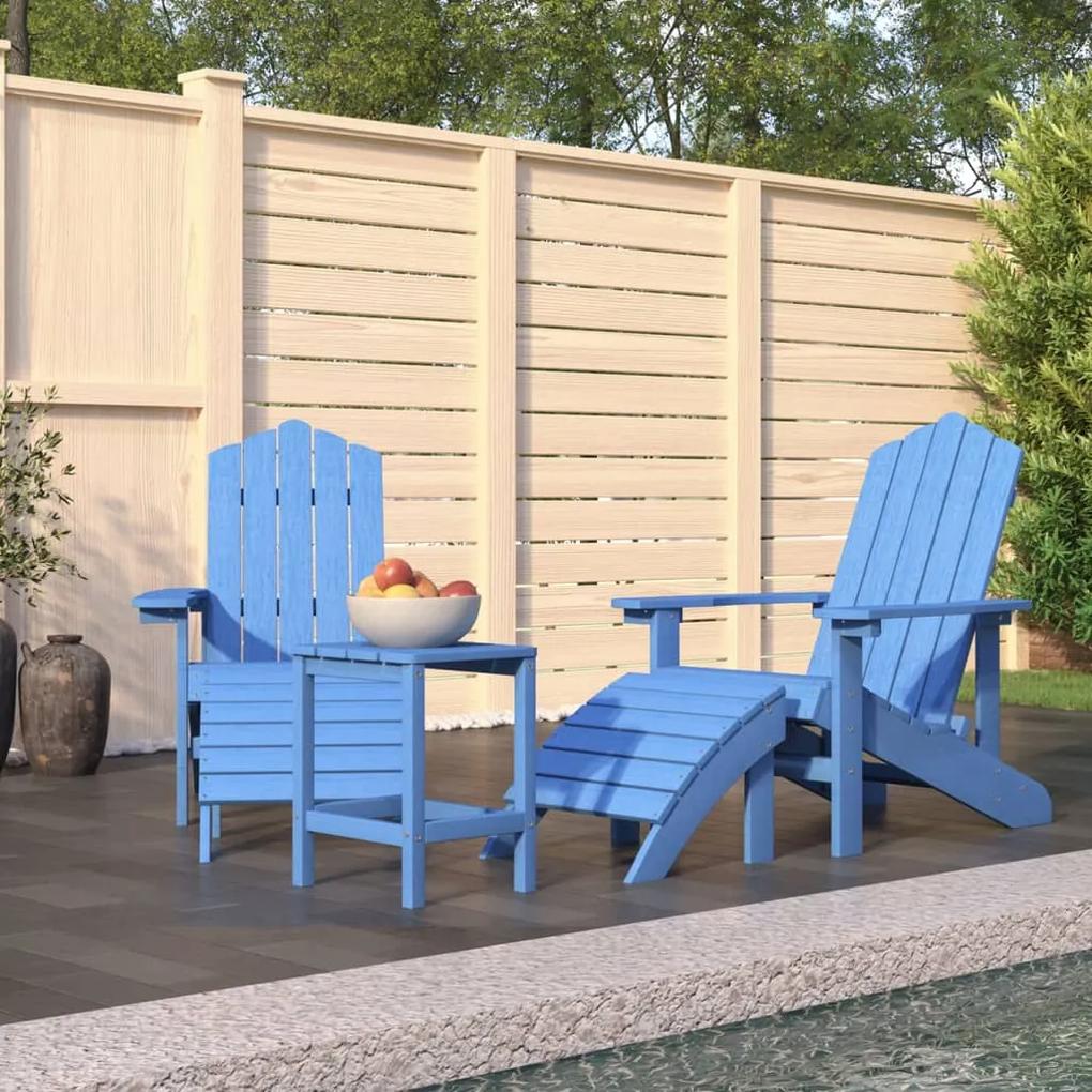 Záhradné stoličky Adirondack s podnožkou a stolíkom HDPE modré