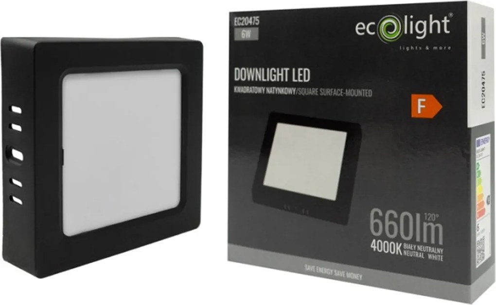 LED prisadený stropný panel – štvorec, 6 W, 660 lm, čierny