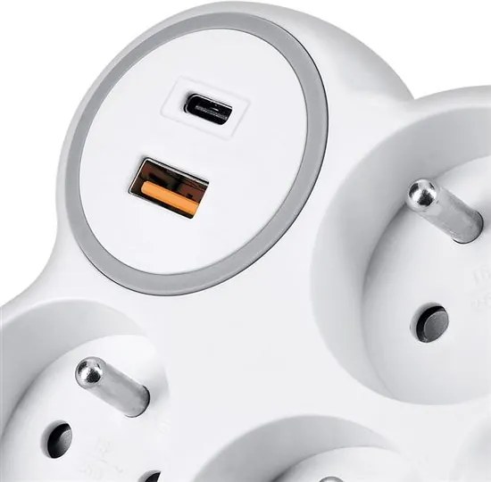 Solight P106C-PD20 - Rozbočovač 3x 16A + USB A+C rýchlonabíjačka 20W