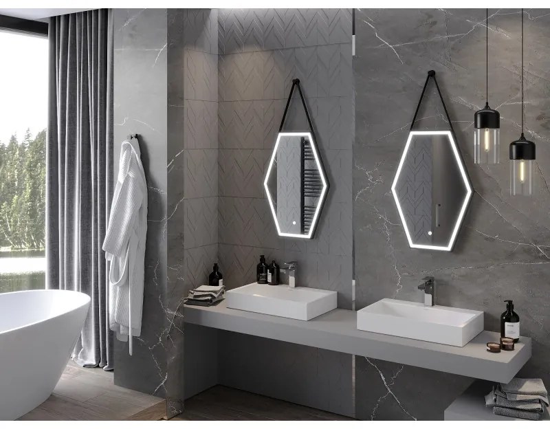 Mexen Orla, LED kúpeľňové zrkadlo s podsvietením a čiernym rámom 50x70 cm, 6000K, ochrana proti zahmlievaniu, 9815-050-070-611-70