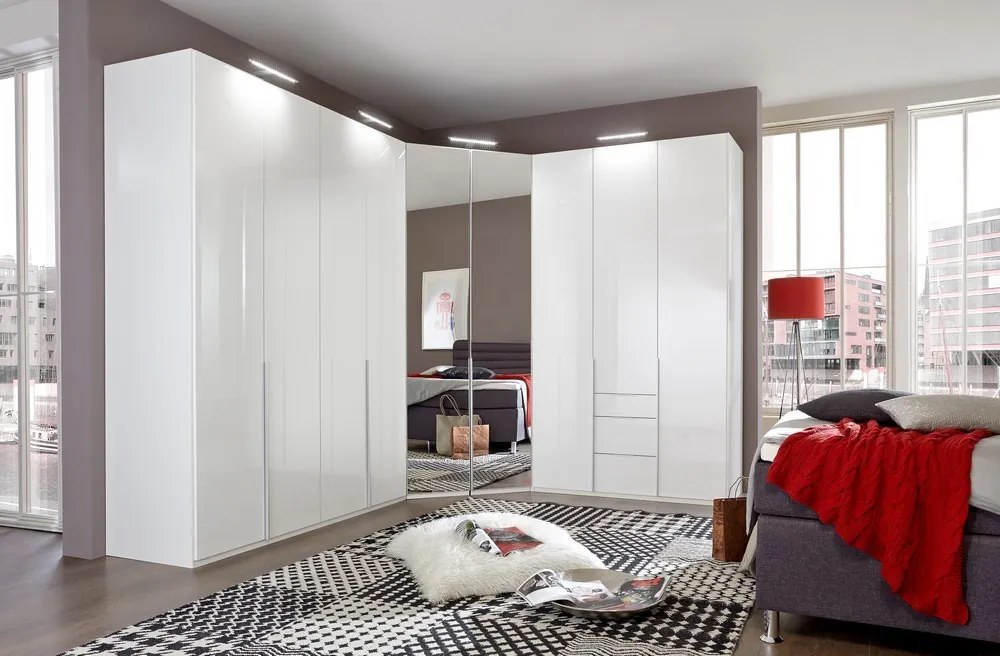 Šatníková skriňa so zásuvkami New York D, 135 cm, biela / biely lesk