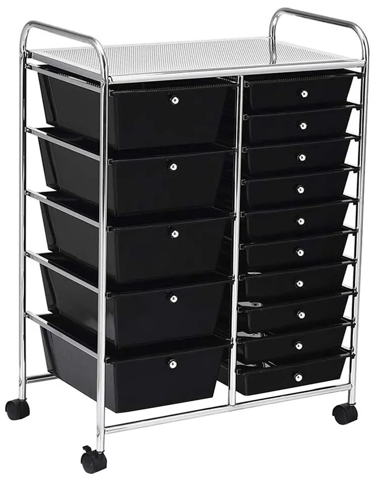 Mobilný úložný vozík s 15 zásuvkami, rôzne farby, čierny