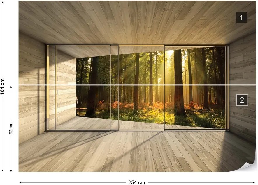 GLIX Fototapeta - Sunrise Forest 3D Modern Window View Vliesová tapeta  - 254x184 cm