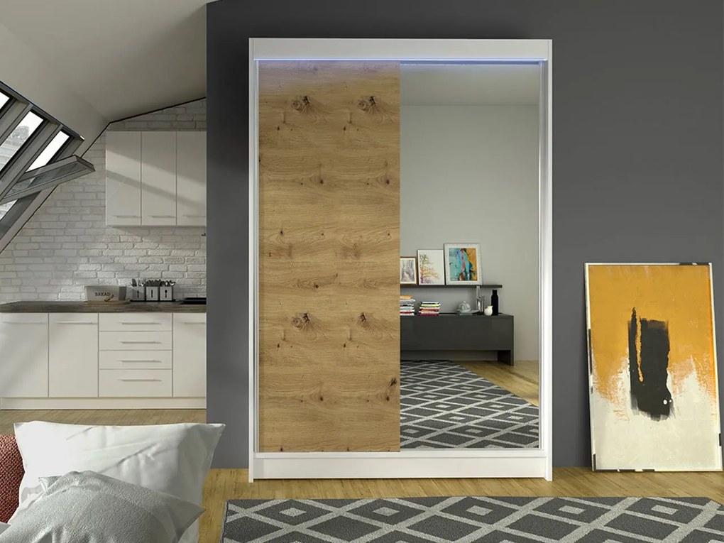 Posuvná skriňa so zrkadlom Parys I, Farby: čierna, Osvetlenie: osvetlenie LED RGB - farebné