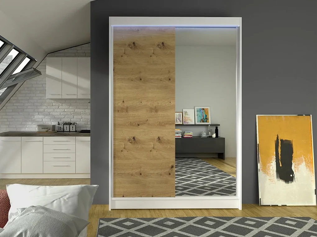 Posuvná skriňa so zrkadlom Parys I, Farby: čierny / dub artisan, Osvetlenie: osvetlenie LED RGB - farebné
