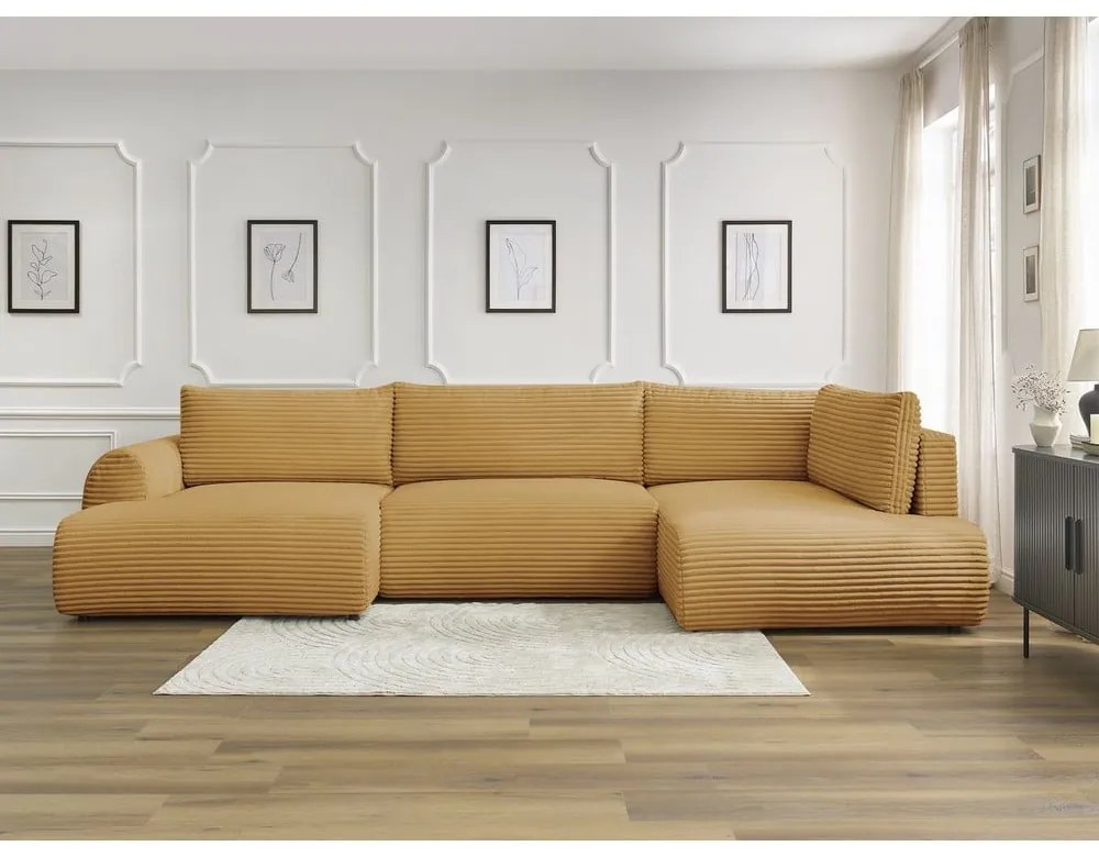 Menčestrová rozkladacia/s úložným priestorom rohová pohovka v horčicovej farbe (pravý roh/do tvaru "U") Lucien – Bobochic Paris