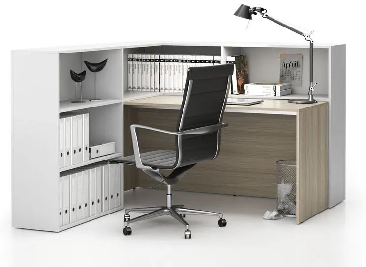 Rohová kancelárska zostava SEGMENT, ľavá, dub prírodná/biela