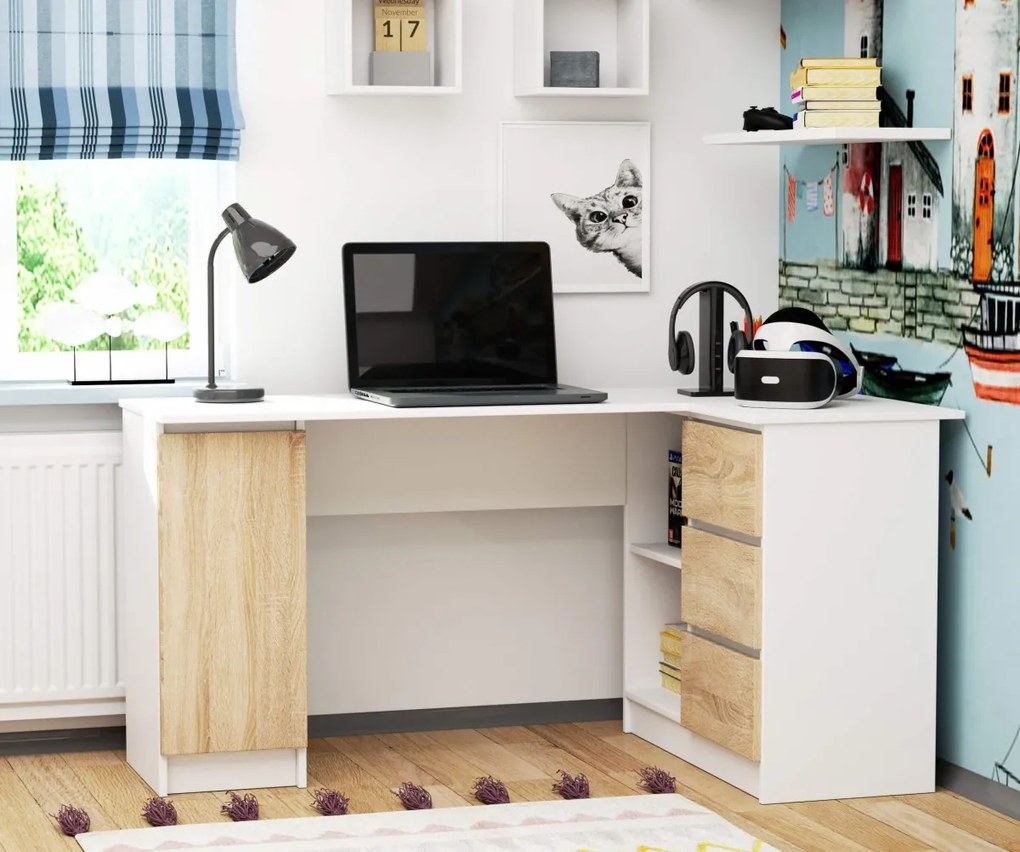 Rohový písací stôl B20 155 cm bílý/dub sonoma pravý