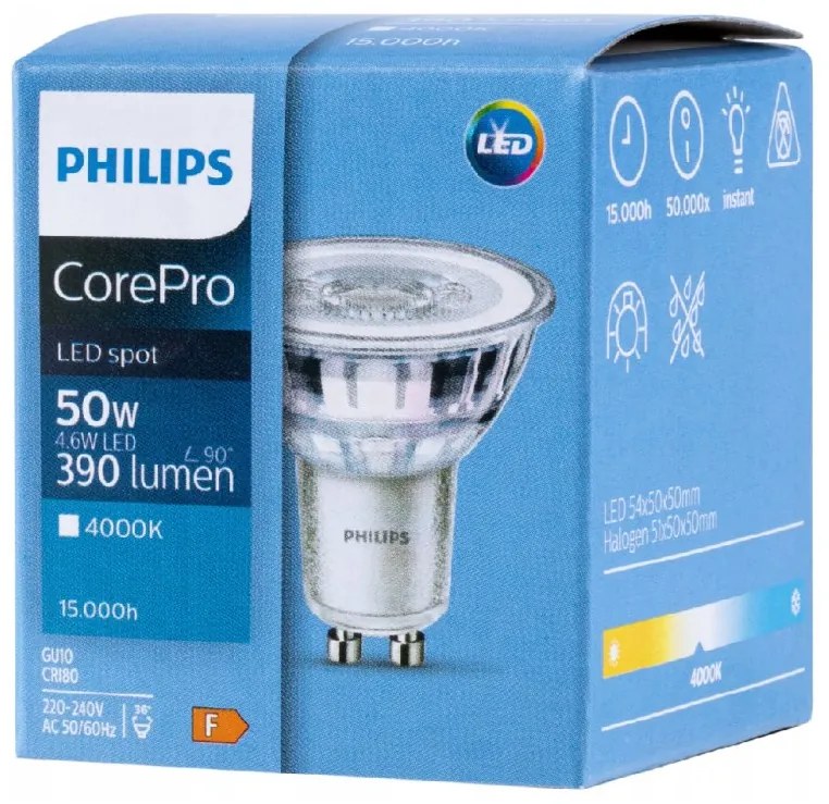 LED žiarovka Philips GU10 - 4,6 W - 390 Lm 36 ° - neutrálna biela - CorePro Premium