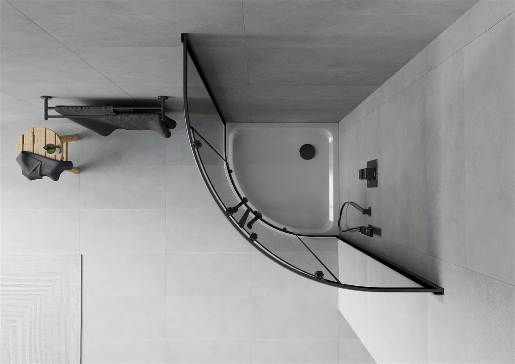 Mexen Rio, štvrťkruhový sprchovací kút s posuvnými dverami 90 (dvere) x 90 (dvere) x 190 cm, 5mm šedé sklo, čierny profil + biela sprchová vanička Slim, 863-090-090-70-40-4110B