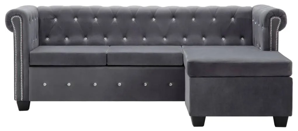 Pohovka Chesterfield v tvare L, zamat 199x142x72 cm, sivá