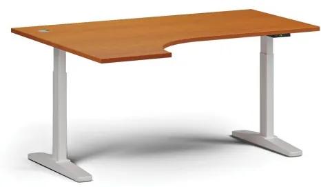 Výškovo nastaviteľný stôl, elektrický, 675-1325 mm, rohový ľavý, doska 1600x1200 mm, biela podnož, čerešňa