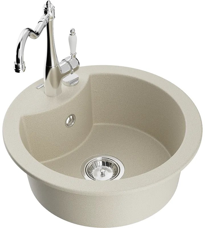 Mexen Diego, granitový drez 488x488x167 mm, 1-komorový a drezová batéria Carla, béžová, 6512-69-670700-00