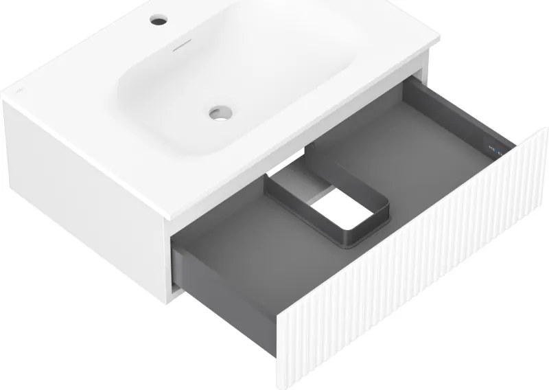 Mexen Rivel, kúpeľňová skrinka 70 cm s umývadlom Vela, 1 zásuvka, drážkovaná, biela matná, 91A20-07023-1-BF01-W23M01