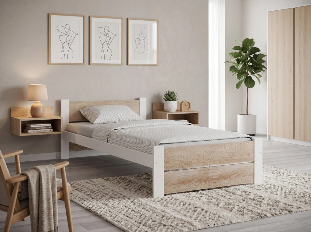 Posteľ IKAROS DOUBLE 80 x 200 cm, biela/dub sonoma Rošt: S latkovým roštom, Matrac: Matrac DELUXE 10 cm