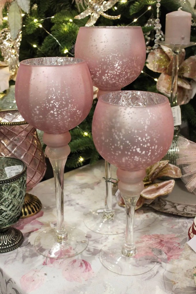 Ružové sklenené svietniky na stopke 3-set
