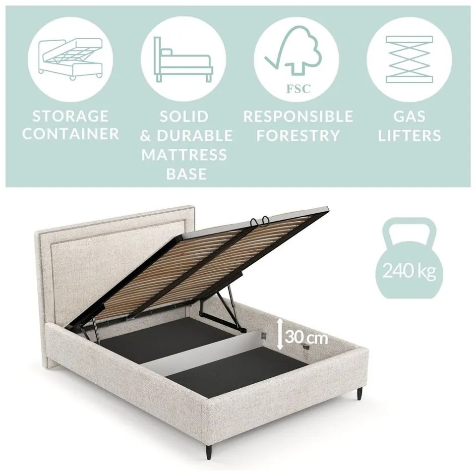 Krémová čalúnená dvojlôžková posteľ s úložným priestorom s roštom 180x200 cm Baleine – Maison de Rêve