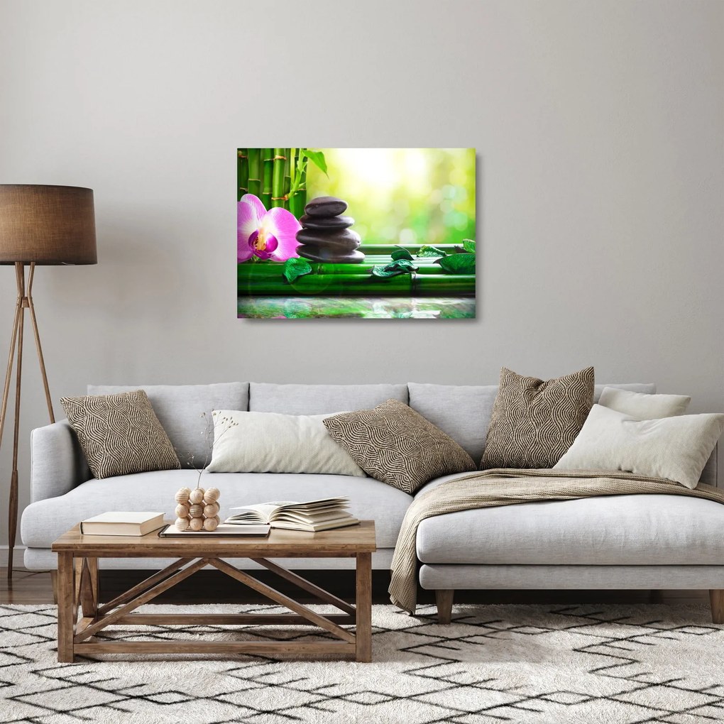 Sklenený obraz masážnych kameňov a orchidey na vode (70x50 cm)