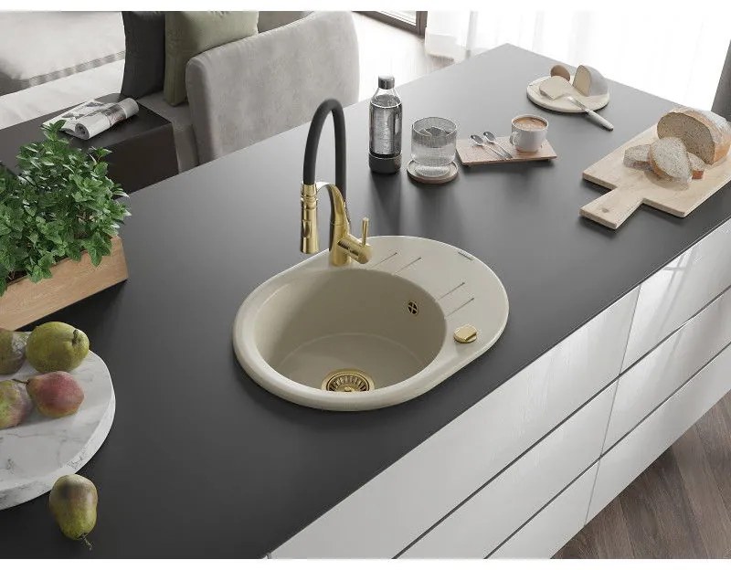 Mexen Kevin, 1-komorový granitový drez 586x458x190 mm a drezová batéria Aster, béžová, 6517-69-73450-57-G