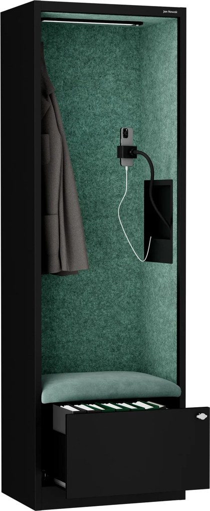 Kancelárska akustická kabína so sedadlom a portom USB-C, telo v čierny farbe / sedadlo v zelenej farbe, 600 mm: SALLY MentalBox