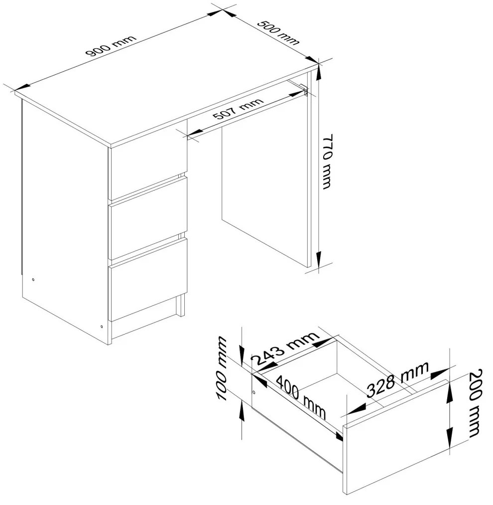 Písací stôl A-6 90 cm biely/sivý ľavý