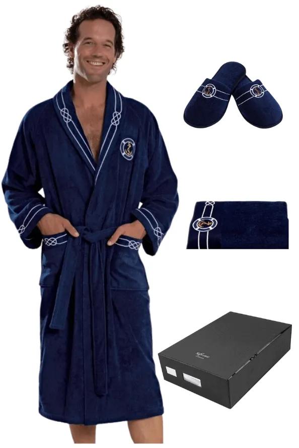 Soft Cotton Luxusný pánsky župan + uterák + papuče MARINE MAN v darčekovom balení M + papučky (40/42) + uterák + box Tmavo modrá