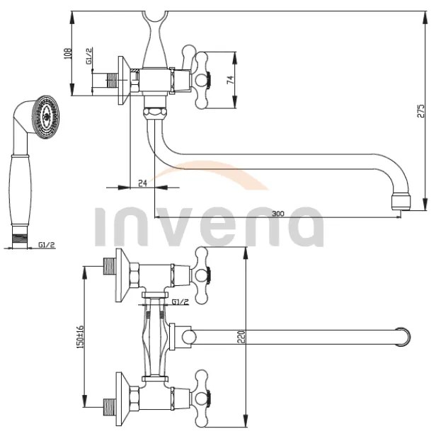 Invena Roma, vaňová batéria s predĺženou výlevkou 300mm a s ručnou sprchovou sadou, chrómová, INV-BW-24-00S-L