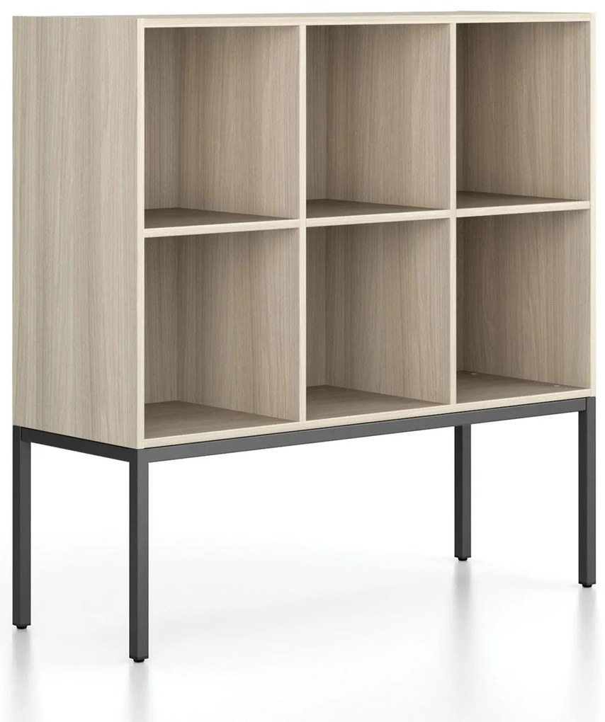 Regál FRAME, nízka, s čiernou podnožou, 1299 x 450 x 1331 mm, dub prírodný