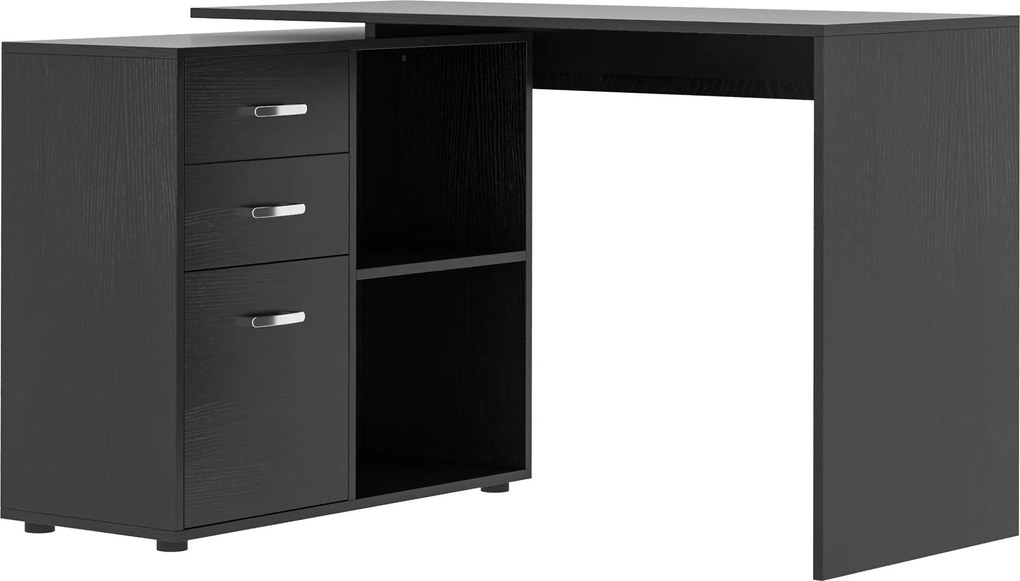 HOMCOM Rohový Stôl pre PC s 2 Zásuvkami a Otvorenými Policami, L-typu, 117x83,5x76 cm, Čierny | Aosom