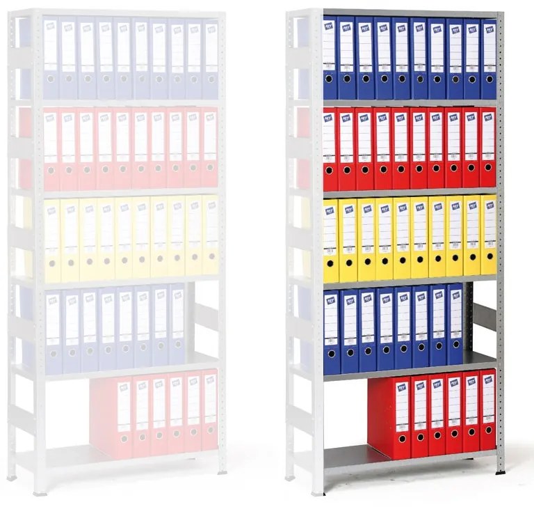 Regál na zakladače BASIC, skrutkovaný, 1850 x 800 x 300 mm, prístavný