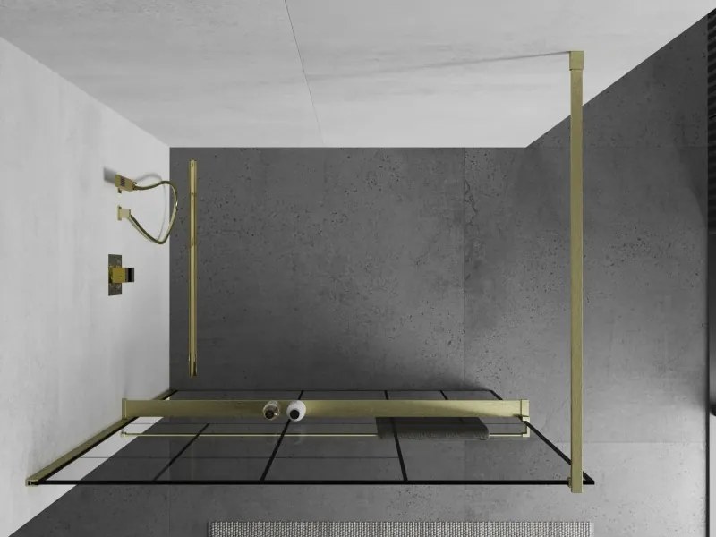 Mexen Kioto+, sprchová zástena Walk-In s poličkou a vešiakom 70 x 200 cm, 8mm číre sklo čierny vzor, zlatý matný profil, 800-070-121-55-78