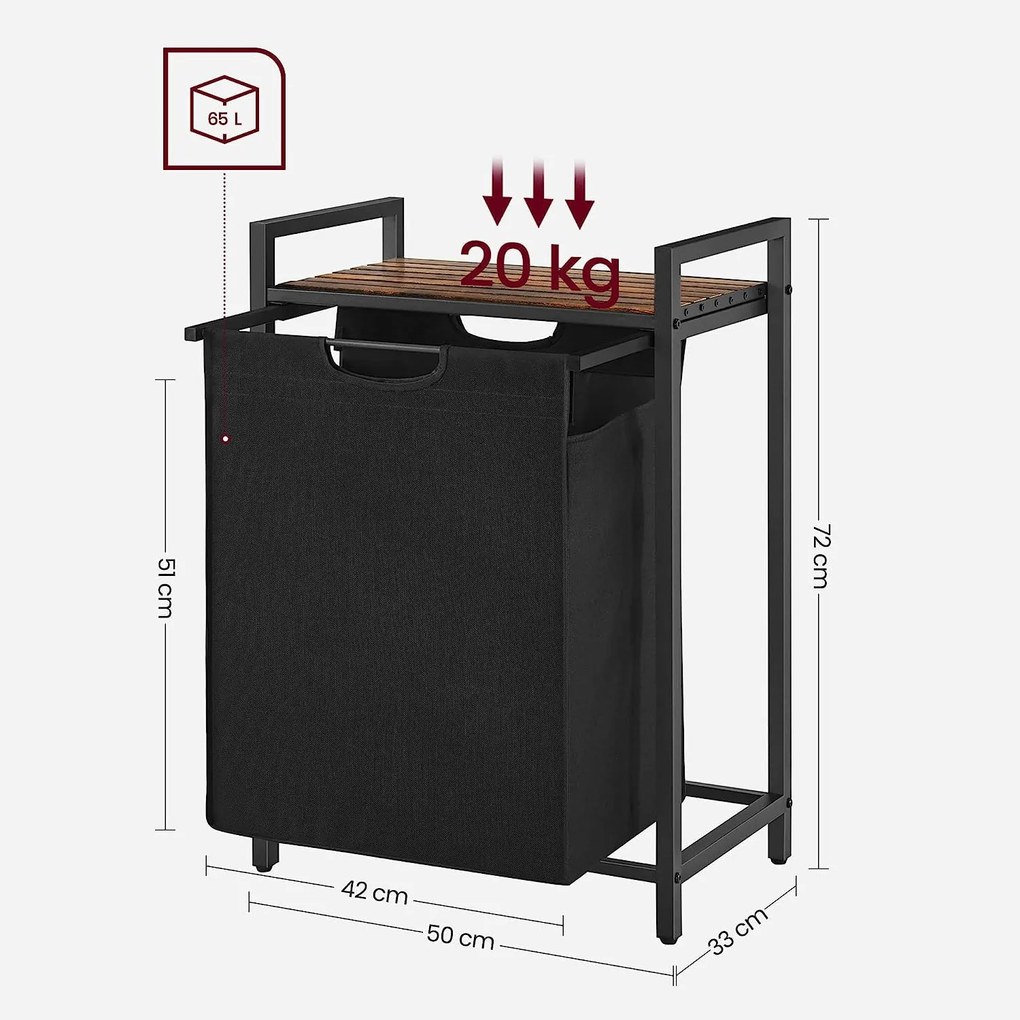 Kôš na bielizeň, s poličkou, 65 l, vysúvateľný, rustikálna hnedá a čierna farba