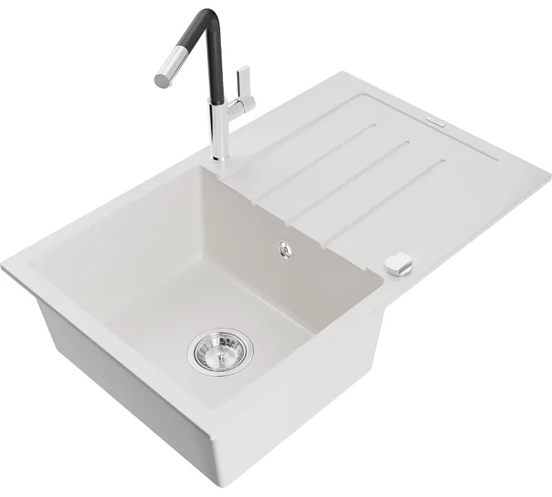 Mexen Bruno, 1-komorový granitový drez 795x495x200 mm a drezová batéria Flora, biela, 6513-20-670401-07