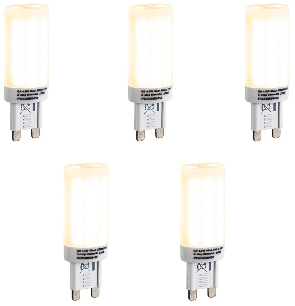 Sada 5 stmievateľných LED žiaroviek G9 s 3-stupňovým stmievaním, opál, 4,5 W, 500 lm, 2700 K