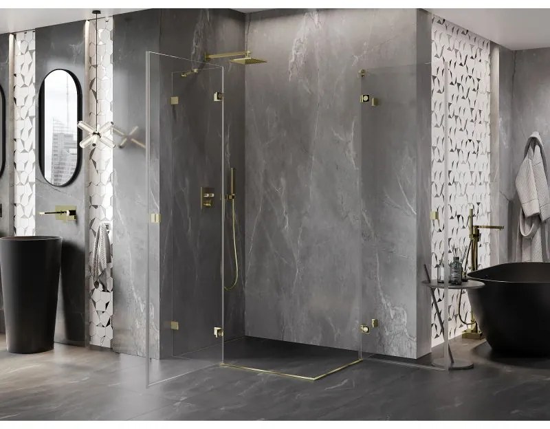 Mexen Lunar Duo, výklopný sprchový kút 100 x 75 cm, 8mm číre sklo, zlatý profil, 834-100L-075P-50-00