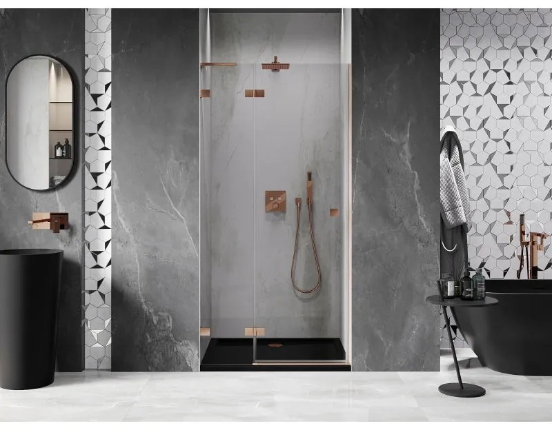 Mexen Lunar L, Otočné ľavé sprchové dvere 110 cm, 8mm číre sklo, medený matný profil, 834L-110-000-65-00-L