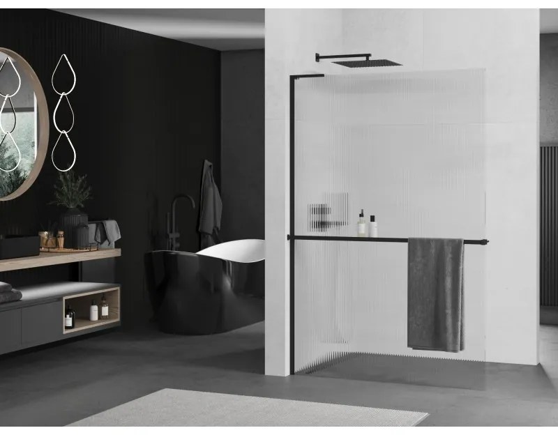 Mexen Kioto+ L, sprchová zástena Walk-In s poličkou a vešiakom 120 x 200 cm, 8mm sklo s rebrovým vzorom, čierny profil, 800-120-123-70-09