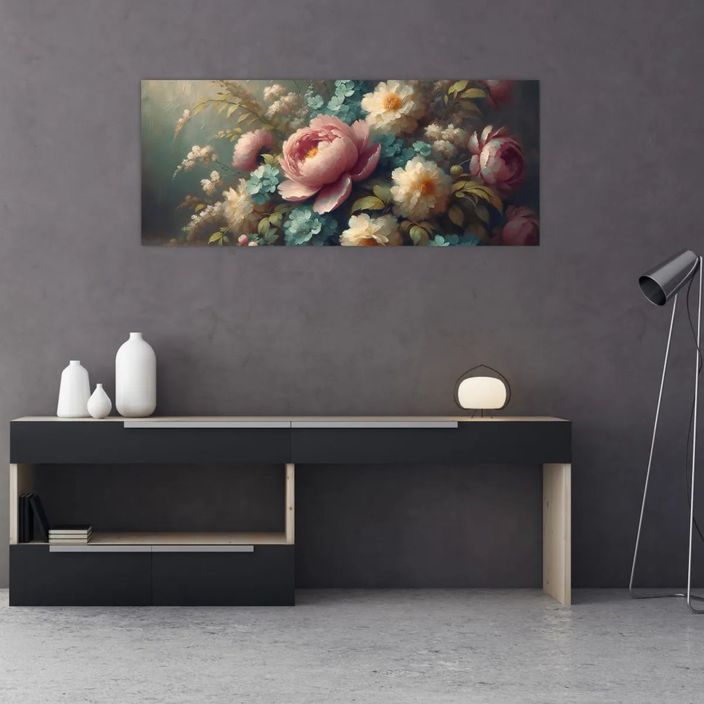 Obraz - Zátišie s kvetmi - maľba (120x50 cm)