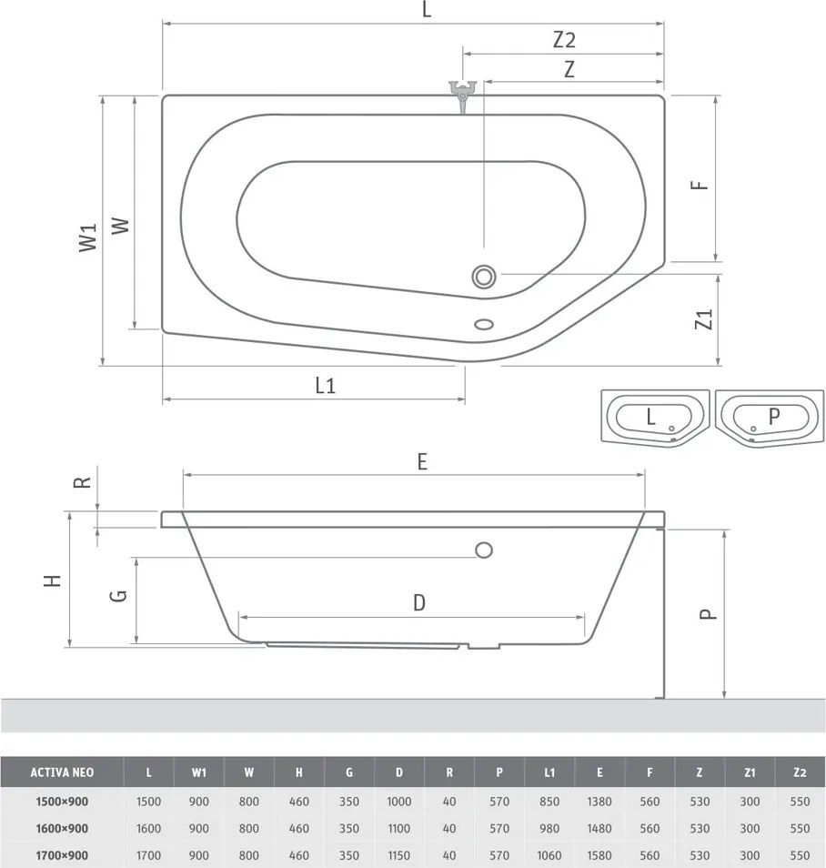 Roth Asymetrická akrylátová vaňa ACTIVA NEO ROTH-Variant: rozmery: 170x90 cm, orientácia: Pravá - (ACTIVA NEO 170 P - 9890000)