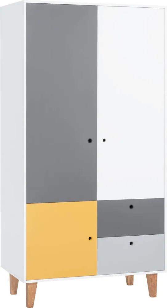 Bielo-sivá dvojdverová šatníková skriňa so žltým detailom Vox Concept